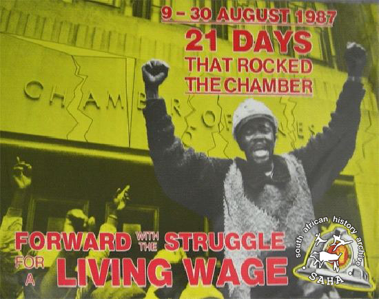 9-30 August 1987:21 days that rocked the chamber: Forward with the struggle of a living wage. AL2446_0060  This poster depicts NUM celebrating the end of the national miners' strike. 