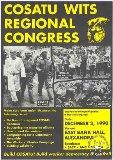 COSATU WITS REGIONAL CONGRESS AL2446_1253 	This poster is an offset litho in black, green and yellow, produced by TOPS for COSATU, Johannesburg. This poster was produced to advertise COSATU's regional congress, which focused on issues that the federation was facing.