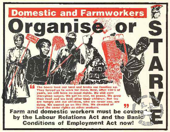  Domestic and Farmworkers : Organise or STARVE AL2446_1097 The boers took our land and broke our families up they forced us to work fro them. Now after 100’s of years we still have no legal rights. We still earn starvation wages. We get no rest, no peace. We grow their food and we look after their children. But we are hungry and our children who we never see are dying. We cannot go on like this. We demand at least the same rights as other workers.  Farm and domestic workers must be covered by the Labour Relations Act and the Basic Conditions of Employment act Now!