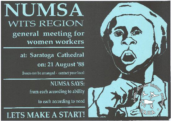 NUMSA WITS REGION general meeting for women workers AL2446_0767 produced by NUMSA, Johannesburg. This poster advertises a general meeting for women workers.