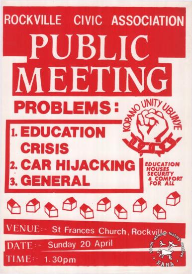 ROCKVILLE CIVIC ASSOCIATION: PUBLIC MEETING AL2446_0361 produced by the Rockville Civic Association at the Screen Training Project in circa in 1985. This image advertises a meeting to discuss community problems in Rockville. 