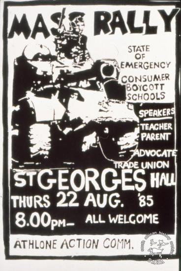 MASS RALLY STATE OF EMERGENCY CONSUMER BOYCOTT SCHOOLS  AL2446_2599 Mass rally to discuss the State of Emergency, and consumer and school boycotts. Silkscreened poster produced by the Athlone Action Committee at CAP