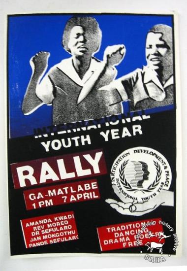 NTERNATIONAL YOUTH YEAR: RALLY AL2446_0171 	This poster is silkscreened black, blue, red and white, produced by the International Youth Year (IYY) Committee, Johannesburg.