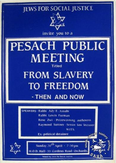 JEWS FOR SOCIAL JUSTICE invite you to a PESACH PUBLIC MEETING Titled : FROM SLAVERY TO FREEDOM - THEN AND NOW  AL2446_0336 1986. Progressive Jewish group holds meeting to focus on the universal struggle for freedom.