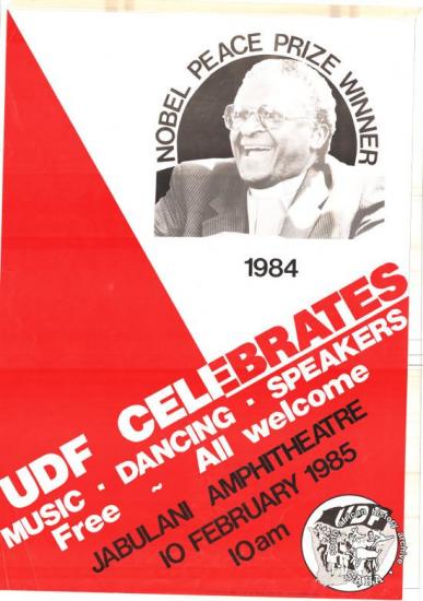 NOBEL PEACE PRIZE WINNER 1984: UDF CELEBRATES AL2446_0168 1985. Democratic organisations honour Bishop Desmond Tutu, winner of the Nobel Peace Prize