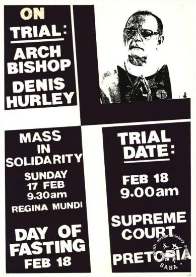 ON TRIAL: ARCHBISHOP DENNIS HURLEY AL2446_0259 1985. The Catholic Church backs Archbishop Denis Hurley, on trial as a result of his anti-apartheid stance.