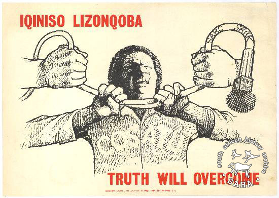  IQINISO LIZONQOBA! TRUTH WILL OVERCOME! AL2446_3398 The image shows a man being strangled by a microphone around his neck.