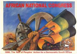 AL2446_0899 AFRICAN NATIONAL CONGRESS : 1990: The Year of Peoples' Action for a Democratic South Africa The image depicts the African National Congress (ANC) wheel, colours, spear and shield; to commemorate the unbanning of the ANC in 1990. 