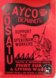 CAYCO COSATU Demands: Support the Spekenam workers; Youth and workers unite fight for a living wage AL2446_4570 produced by the Cape Youth Congress (CAYCO). This poster depicts how CAYCO identifies with COSATU and striking workers from FAWU. 