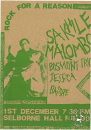 ROCK FOR A REASON : SAKHILE MALOMBO BOSMONT TRIO JESSICA BADIRE : 1ST DECEMBER 7 30 PM SELBORNE HALL R4.00  AL2446_1057  produced by the Johannesburg Democratic Action Committee (JODAC), Johannesburg. This poster advertises a concert that was supposed to be held at the Selborne Hall. The city council refused to give permission to the Johannesburg Democratic Action Committee (JODAC) to use the hall. This resulted in the concert being cancelled. 