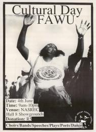 Cultural Day: FAWU  AL2446_0600  produced by COSATU for FAWU, Johannesburg. This poster depicts the excitement experienced at a union cultural event. 