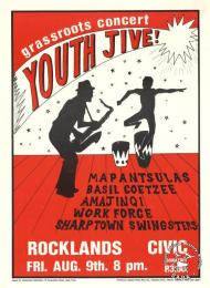 grassroots concert : YOUTH JIVE!  AL2446_2192  This poster is an offset litho in black and red, produced by the Grassroots Publications, Cape Town. This poster advertised local bands playing at a concert that was organized by a community newspaper.