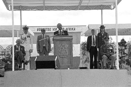 P.W. Botha addressing the crowd gathered for Gelofte Dag at the Voortrekker Monument, Pretoria, Gauteng, 16 December, 1988, Gille De Vlieg Collection, AL3274_F38.5