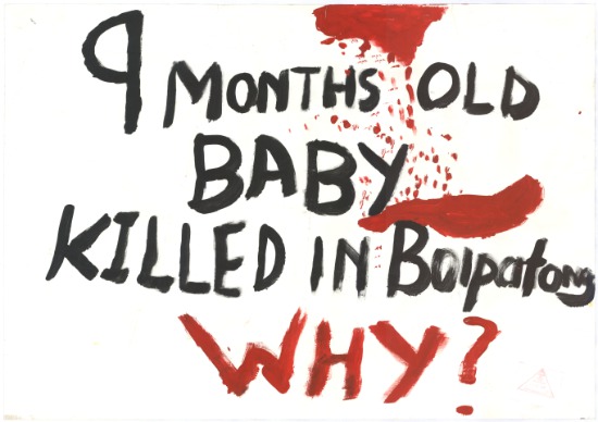 'A 9 month old baby killed in Boipatong. Why?' A hand painted poster in black and red created by the Ad Hoc Organising Committee, University of the Witwatersrand, September 1992, AL2446_1979