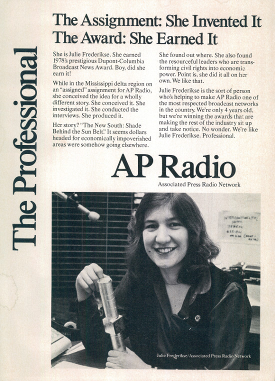 Advertisement for AP Radio featuring Julie Frederikse, circa 1979. Archived as SAHA collection AL2460_U01.03