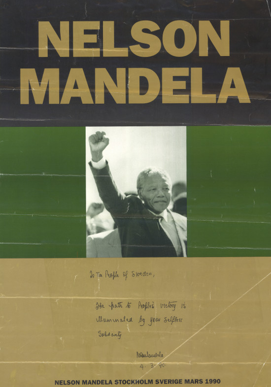 Offset litho poster, issued by the Swedish Committee for the Release of Nelson Mandela, 1990. Archived as SAHA collection AL2446_0817