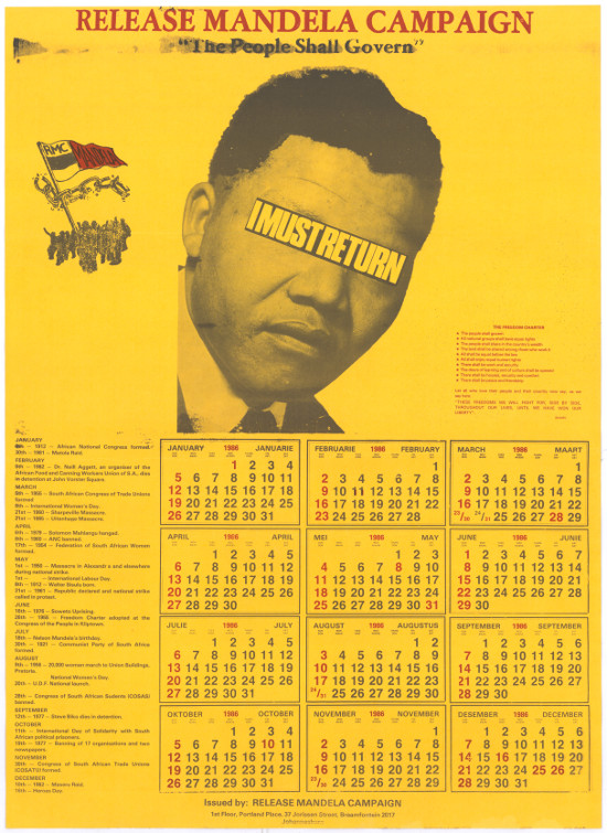 Offset litho poster, issued by the Release Mandela Campaign/Committee, 1986. Archived as SAHA collection AL2446_2097