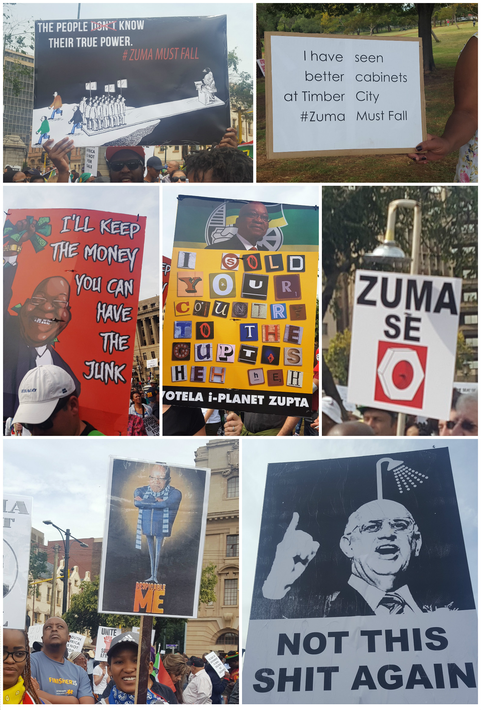 A collage of posters from the AntiZumaMarch which had humous elements