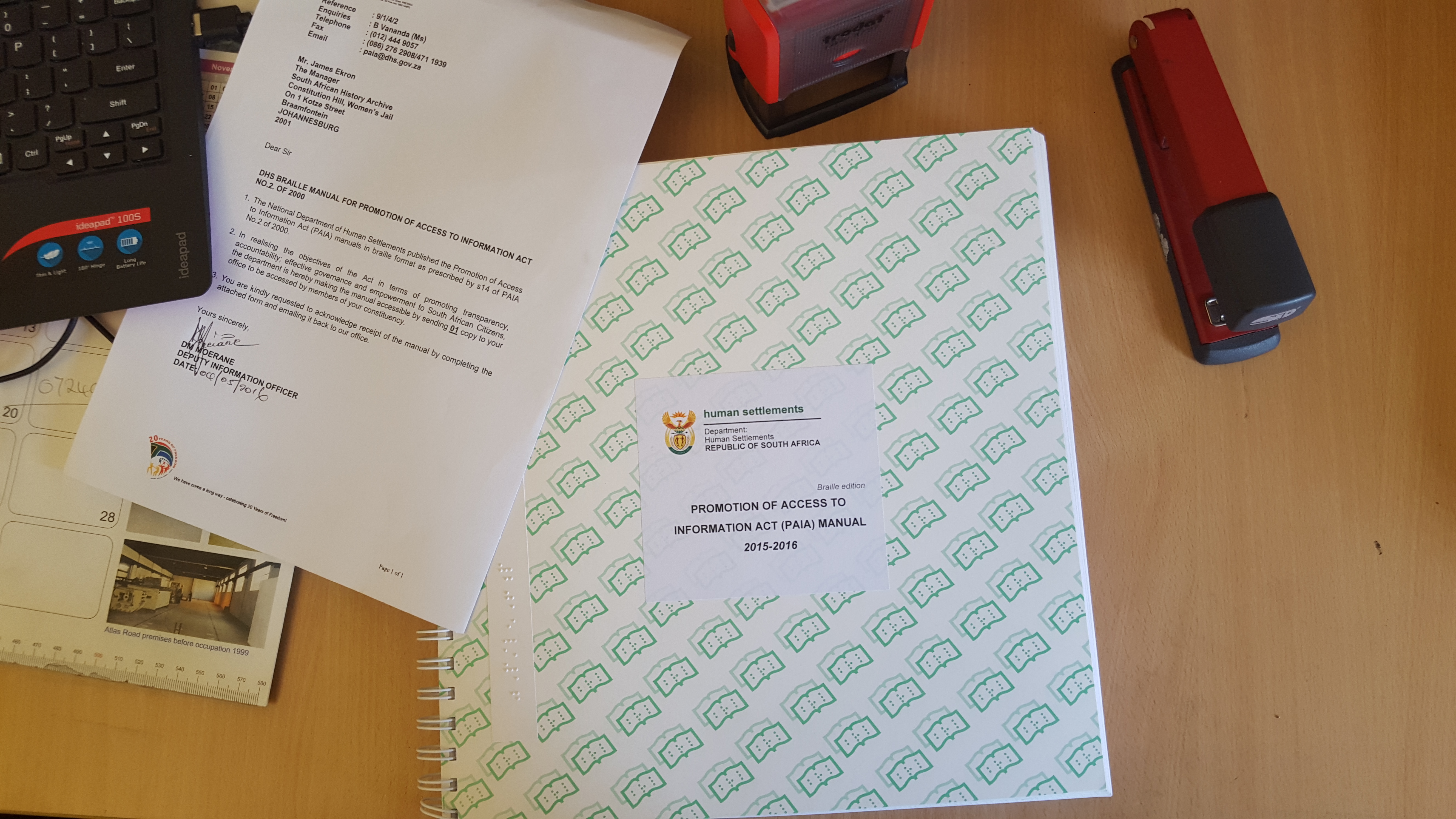 National Department of Human Settlements' PAIA manual in Braille