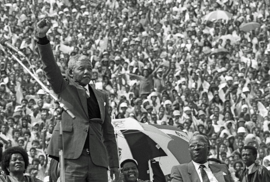 Nelson Mandela at the Welcome Home Rally, Soweto, 13 February 1990. Photographer: Gille de Vlieg. Archived as SAHA collection AL3274_I16