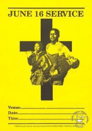 This poster is an offset litho in black on yellow and was issued by the Southern African Catholic Bishops Conference (SACBC) Justice and Peace Commission. The text reads: 
