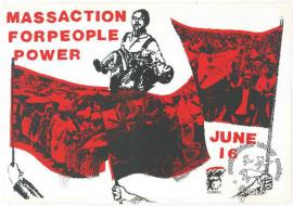 This is a silkscreened poster in black and red issued by the Congress of South African Trade Unions (COSATU). 