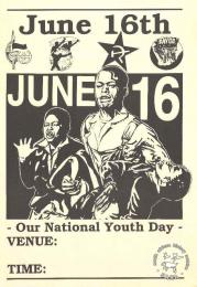 This poster is an offset litho in black and white and issued by the Congress of South African Trade Unions (COSATU), the South African Youth Congress (SAYCO), the African National Congress (ANC), and the South African Communist Party (SACP). It features an image of Hector Pieterson as well as the COSATU, SACP, SAYCO and ANC logos.