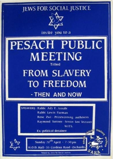 JEWS FOR SOCIAL JUSTICE invite you to a PESACH PUBLIC MEETING Titled : FROM SLAVERY TO FREEDOM - THEN AND NOW  AL2446_0336 1986. Progressive Jewish group holds meeting to focus on the universal struggle for freedom.