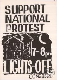 SUPPORT NATIONAL PROTEST 7 - 8 pm LIGHTS-OFF AL2446_0437  produced by the Transvaal Indian Congress (TIC) at the Screen Training Project (STP), Johannesburg. This poster represents a call for community support of a lights-out campaign against repression