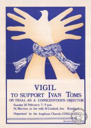 VIGIL TO SUPPORT IVAN TOMS : ON TRIAL AS A CONSCIENTIOUS OBJECTOR - AL2446_0360 - produced by the ECC in 1987, Johannesburg. This poster refers to a vigil to support Ivan Toms, who was on trial as a conscientious objector.