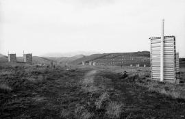 This is a black and white image of toilets in Forever Lochiel in Driefontein. Image included in the LA virtual exhibition.