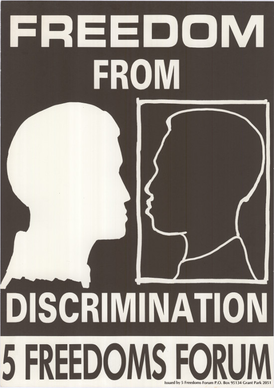 Offset litho poster, issued by the Five Freedoms Forum (FFF), circa 1987. Archived as SAHA collection AL2446_0126.