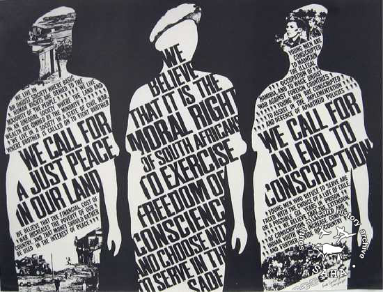 Offset litho poster in black and white with illustrations of three soldiers from newspaper cuttings was issued by the End Conscription Campaign (ECC) in 1986. SAHA archive AL2446_0318 Offset litho poster in black and white with illustrations of three soldiers from newspaper cuttings was issued by the End Conscription Campaign (ECC) in 1986. SAHA archive AL2446_0318