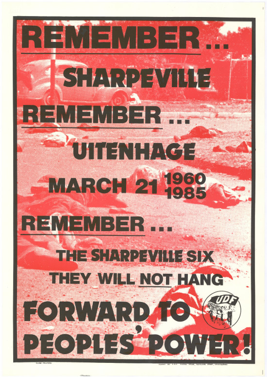 Offset litho poster, issued by the United Democratic Front (UDF) and produced by the Screen Training Project (STP), 1985. Archived as SAHA collection AL2446_1470.