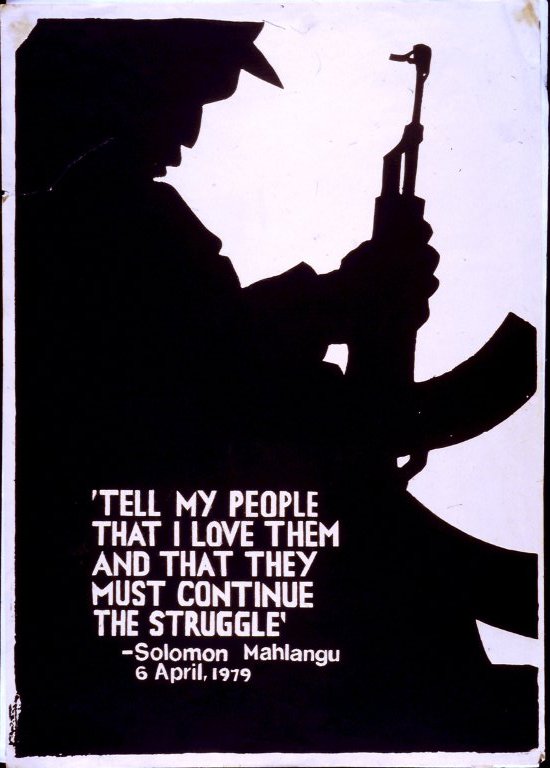 Black silhouette of person holding AK-47, Published by Medu Art Ensemble, 1976. Archived in SAHA Collection AL2446_2616.                                                                                      