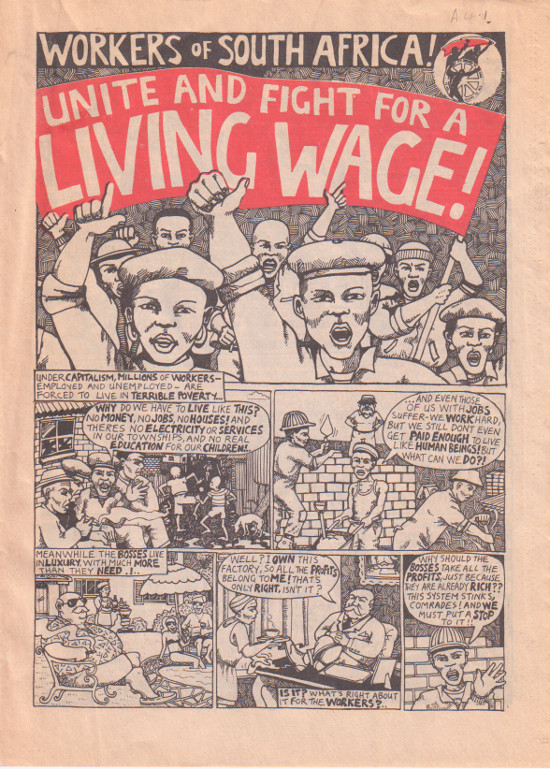 'Workers of South Africa! Unite and fight for a living wage!'- COSATU pamphlet. date unknown. Archived as SAHA collection AL2956_A4.1_p1