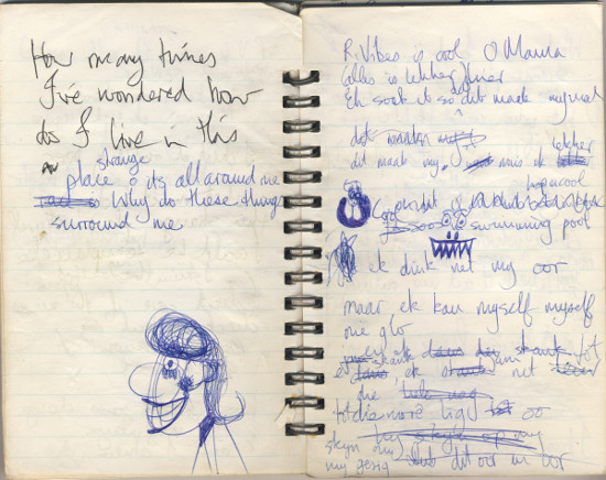 Extract from James' notebook with draft lyrics for 