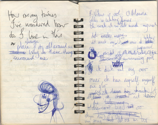Extract from James' notebook with draft lyrics for Extract from James' notebook with draft lyrics for