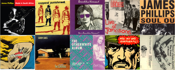 Collage of album covers of James Phillips' various bands and musical identities Collage of album covers of James Phillips' various bands and musical identities