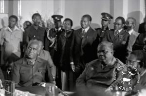 Kenneth Kaunda, Joshua Nkomo and R.G. Mugabe at the formation of the Patriotic Front (PF)