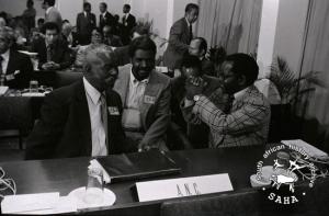ANC delegates Oliver Tambo and Moses Mabida inside the hall at the Non-Aligned Conference in Maputo