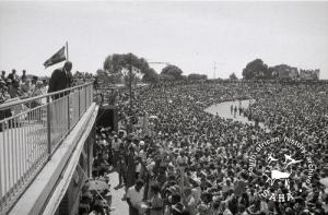 Joshua Nkomo addressing the crowds at a PF ZAPU rally at White City Stadium