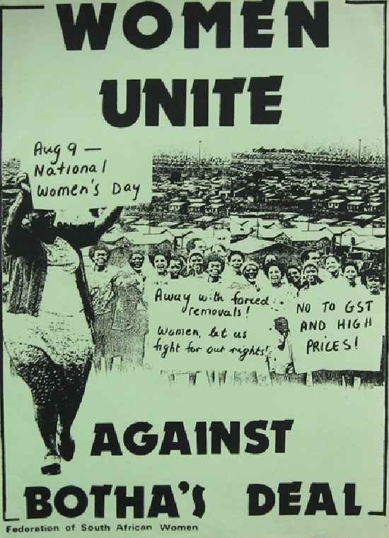 Poster reflecting the role of women in the 1980s mass movement against apartheid, specifically the Tricameral parliament proposed by PW Botha's administration, SAHA Poster Collection, AL2446_0029