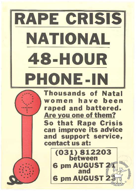 Offset litho poster, issued by the Rape Crisis, date unknown. Archived as SAHA Collection AL2446_2087.
