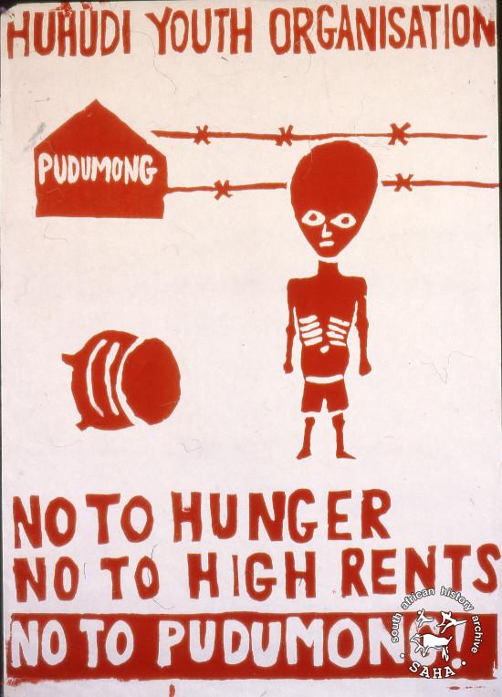 Silkscreen poster, issued by the Huhudi Youth Organisation (HUYO), 1985 . Archived as AL2446_2601