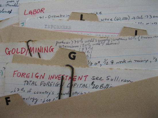 Julie Frederikse's original notes on index cards. Archived as AL2460_U01.04