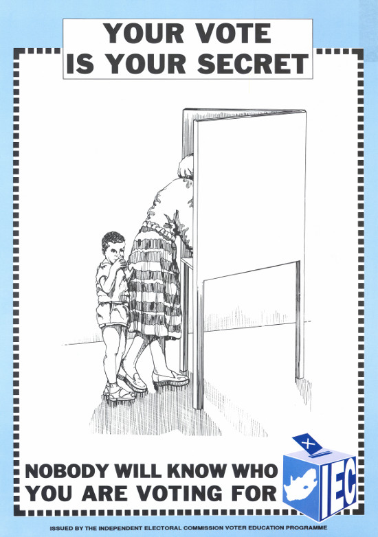 Offset litho poster, produced by the IEC voter education programme, dated 1994. Archived as SAHA collection AL2446_0694
