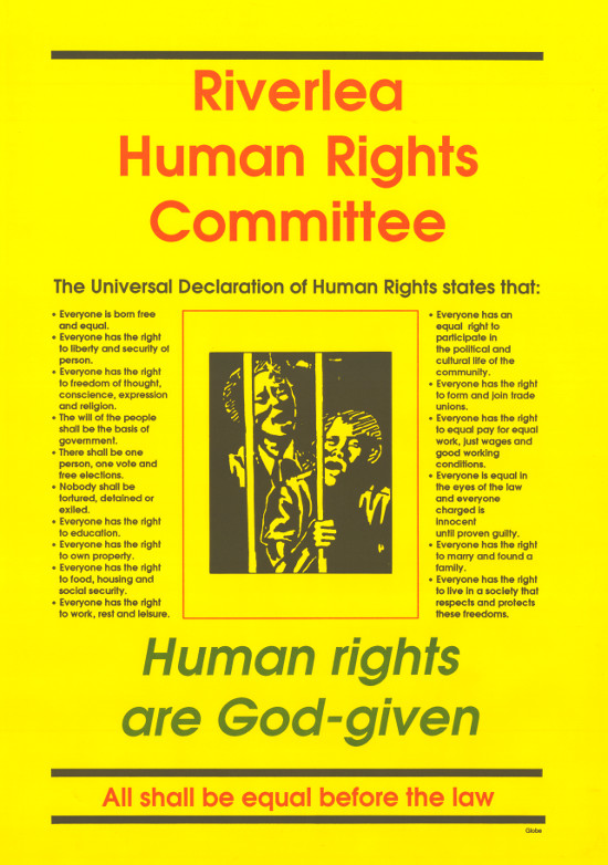 Offset litho, produced by Riverlea Human Rights Committee, date unknown. SAHA poster collection AL2446_1915