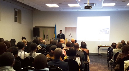 Rwandan High commissioner speaking at documentary Snake gives birth to a snake screening for TRC month