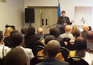 SAHA board member speaking at documentary screening Snake gives birth to a snake screening for TRC month
